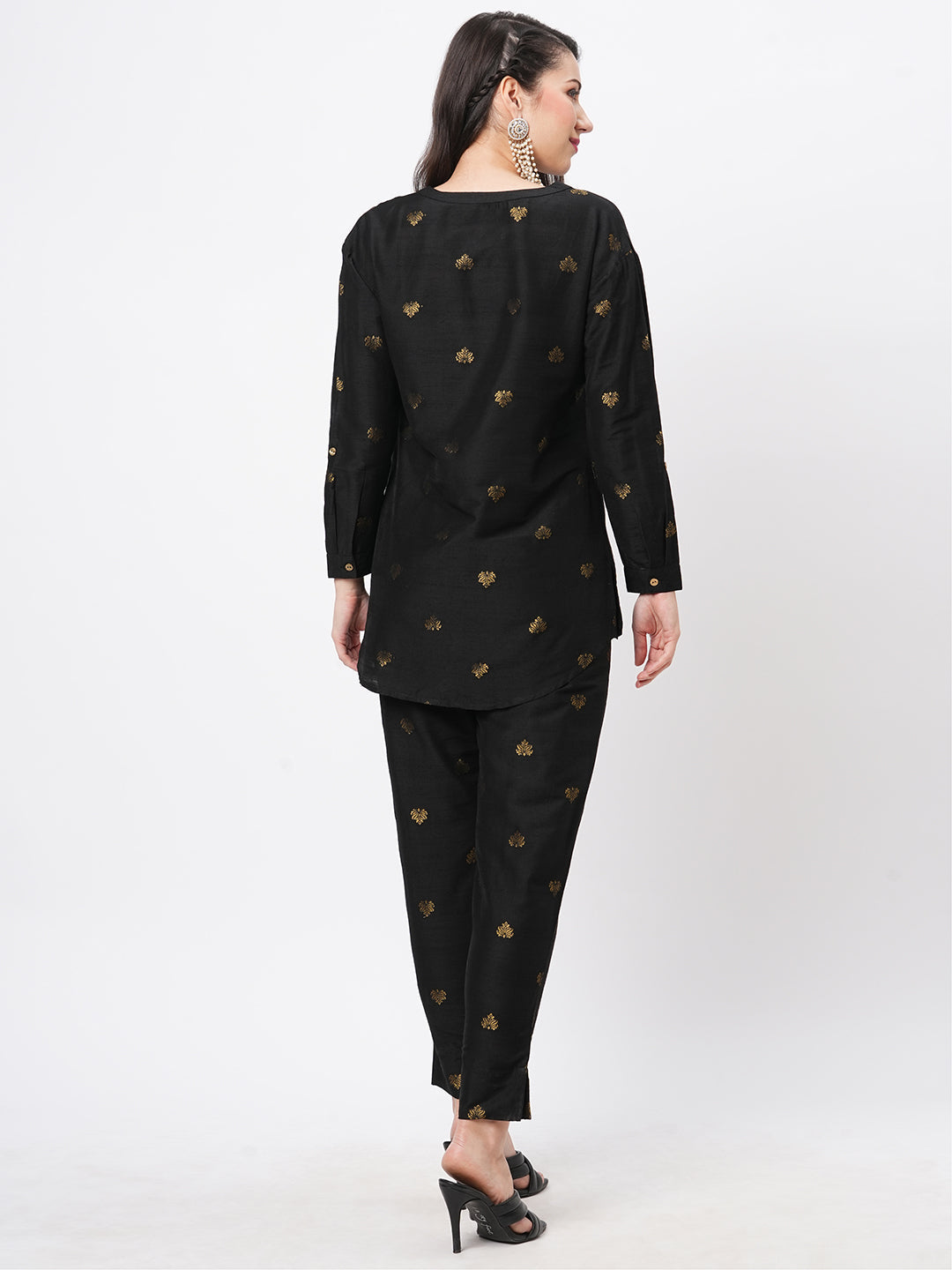 Rich Black Tunic Set With Black Butti Printed All Over