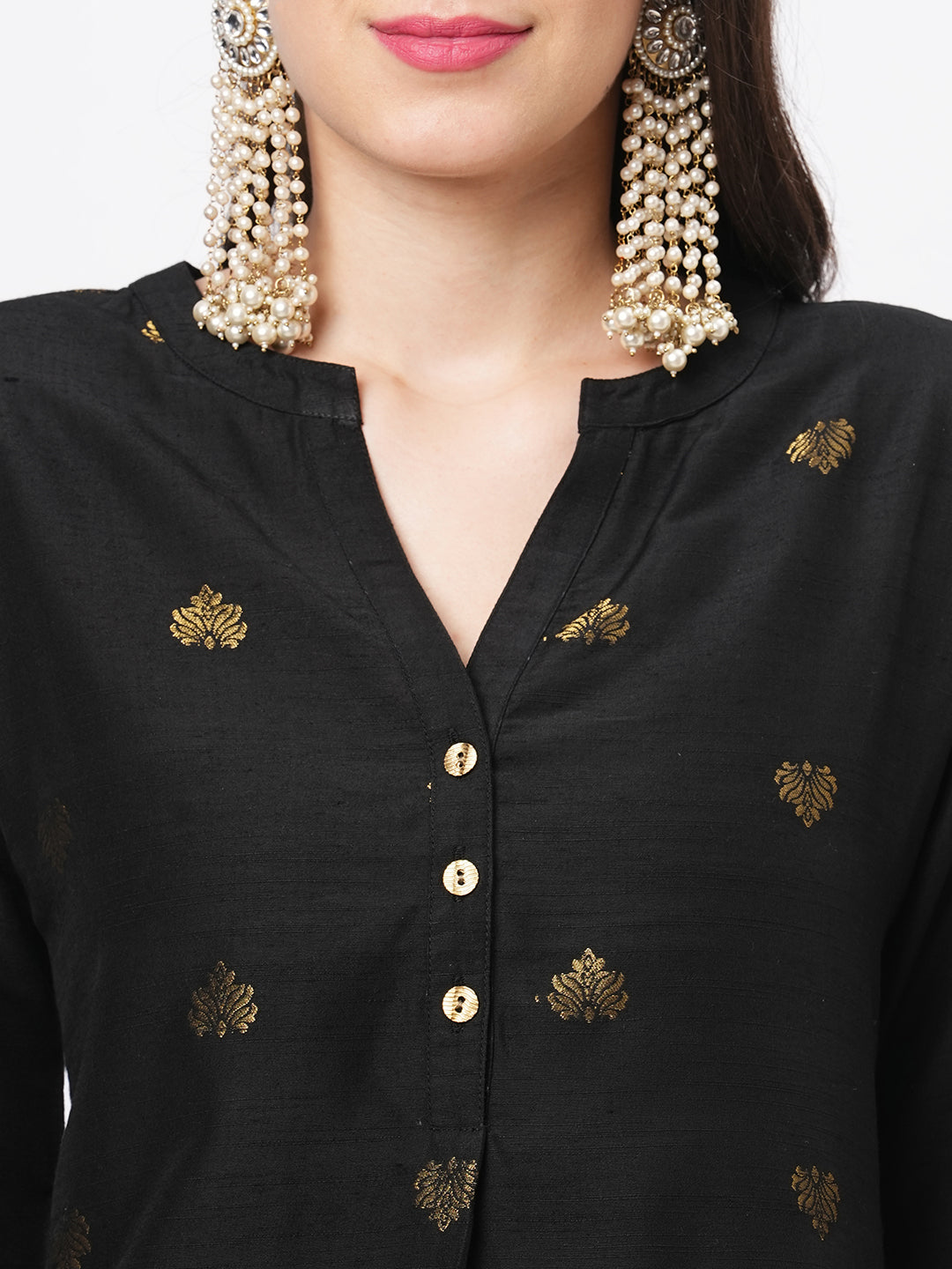 Rich Black Tunic Set With Black Butti Printed All Over