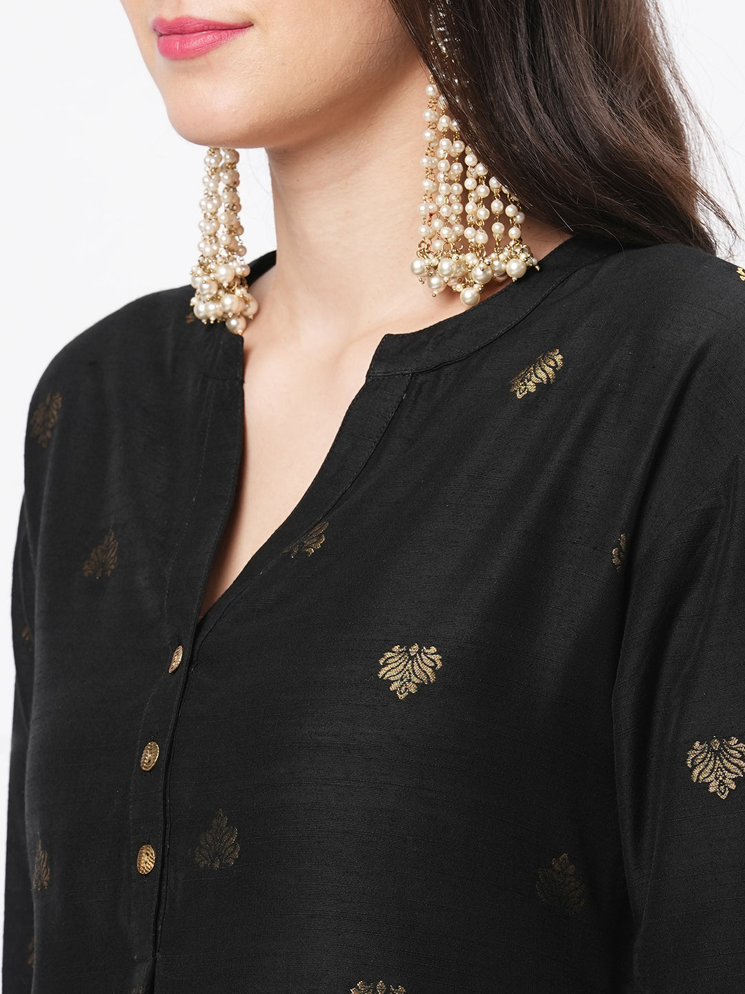 Rich Black Tunic Set With Black Butti Printed All Over