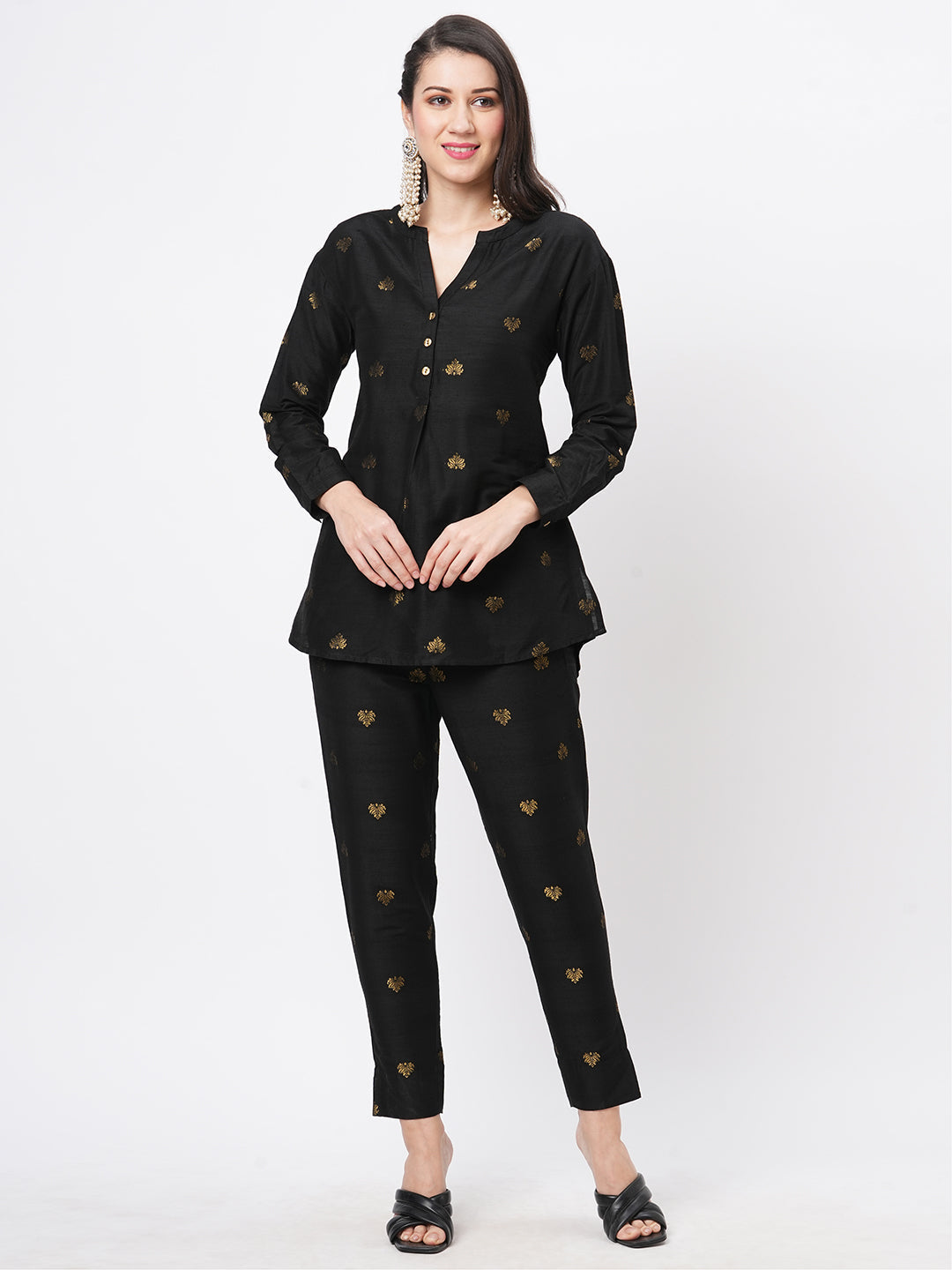 Rich Black Tunic Set With Black Butti Printed All Over