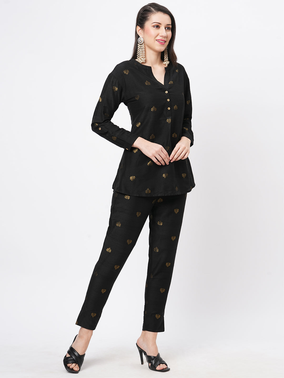 Rich Black Tunic Set With Black Butti Printed All Over
