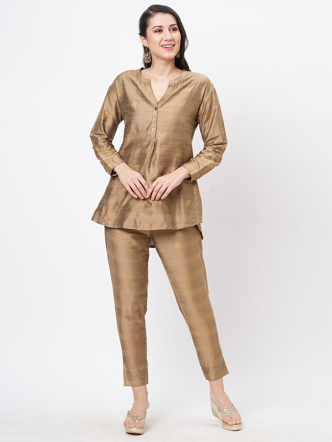 Rich Gold Tunic Set With Gold Butti Printed All Over