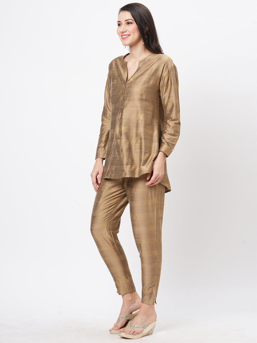Rich Gold Tunic Set With Gold Butti Printed All Over
