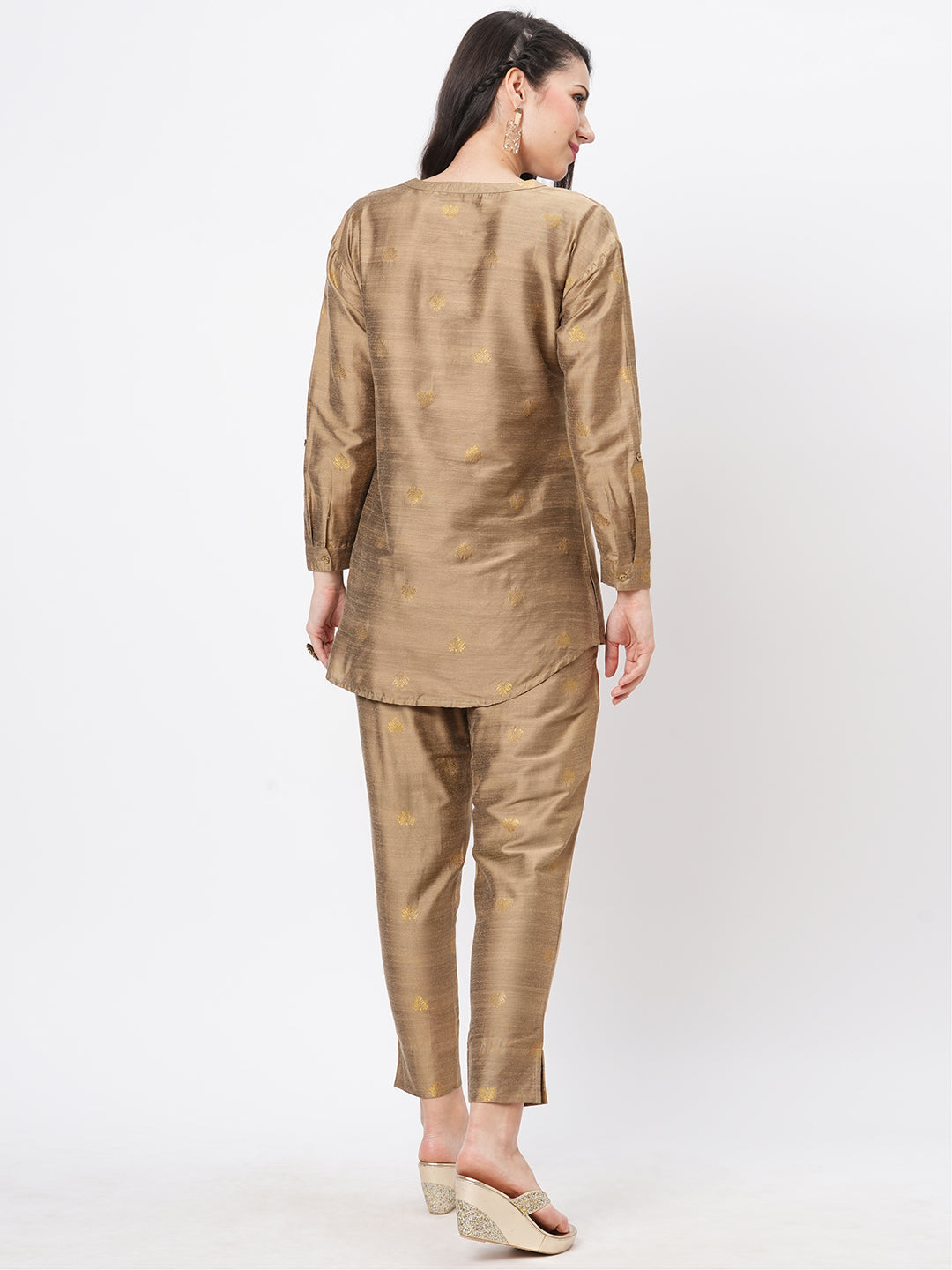 Rich Gold Tunic Set With Gold Butti Printed All Over