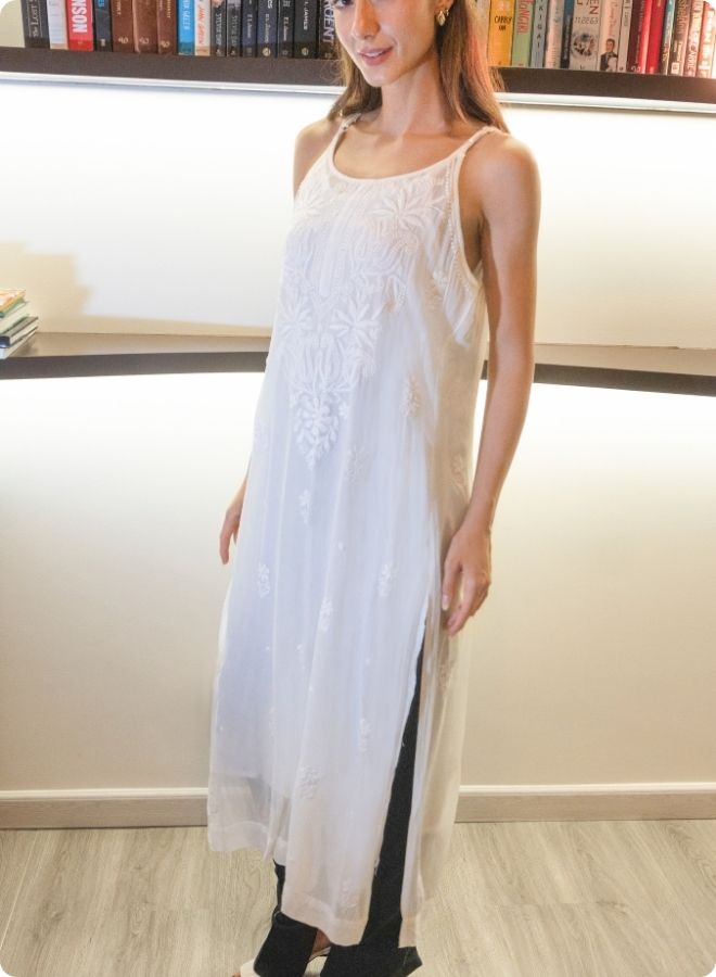 White Sleeveless Embroidered Kurti
