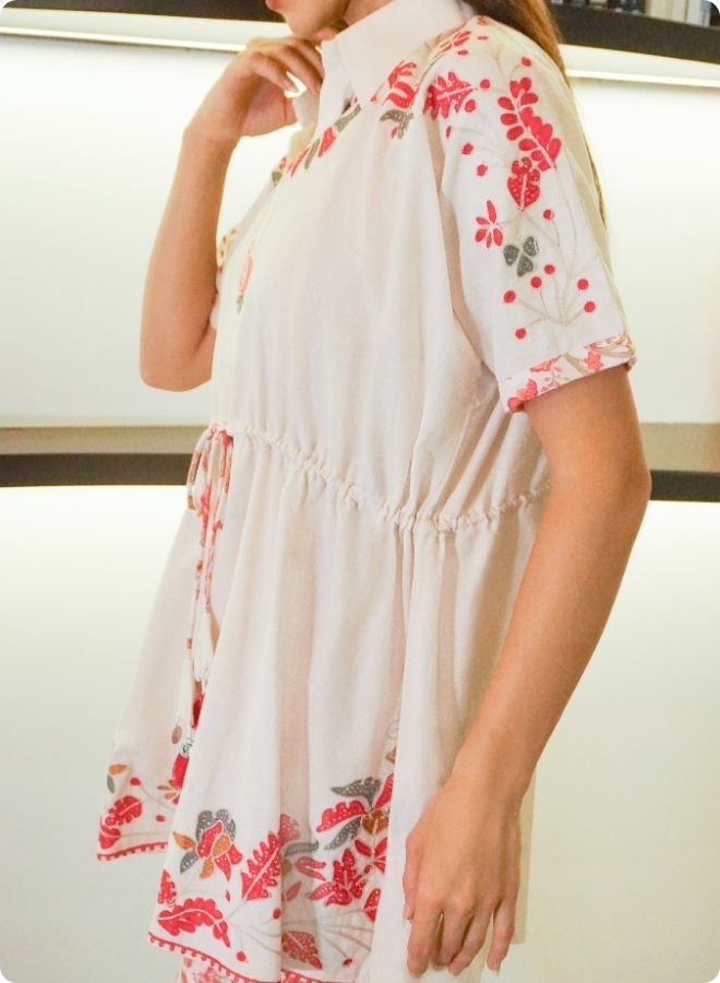 Floral White Co-ord Set with Drawstring Top and Slit Pants