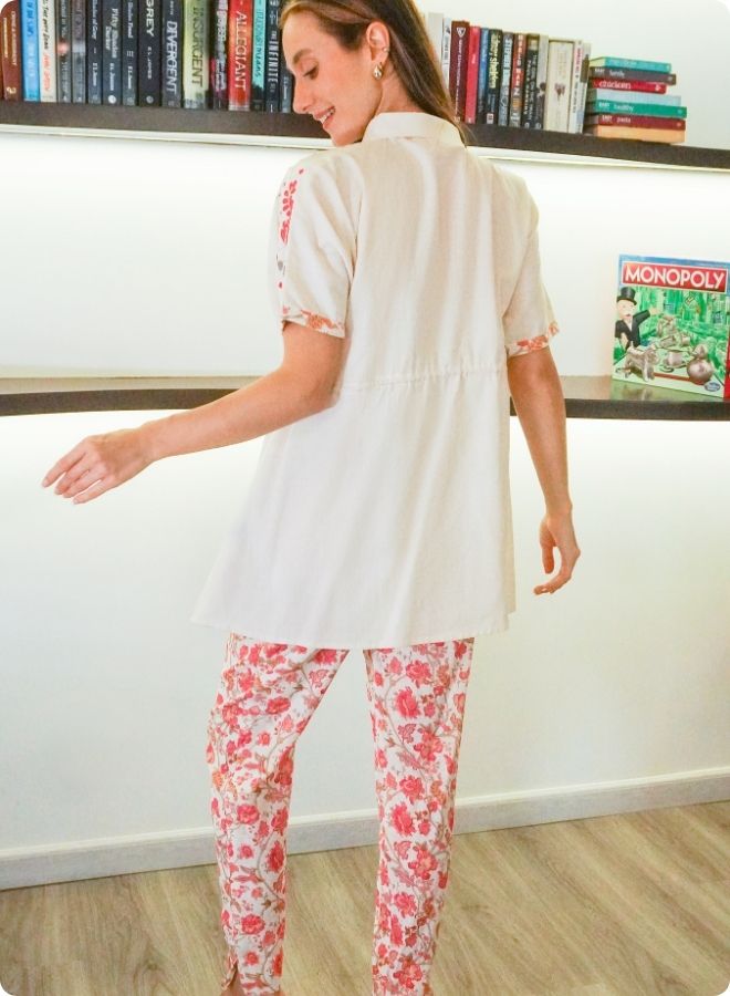 Floral White Co-ord Set with Drawstring Top and Slit Pants