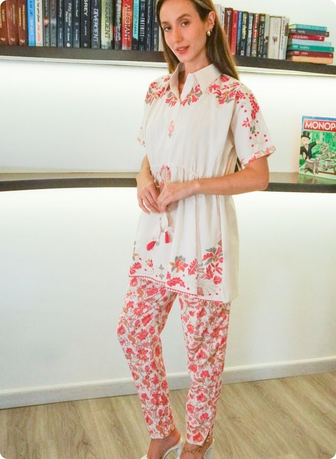 Floral White Co-ord Set with Drawstring Top and Slit Pants