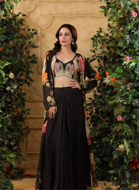Black Floral Printed Cape Set