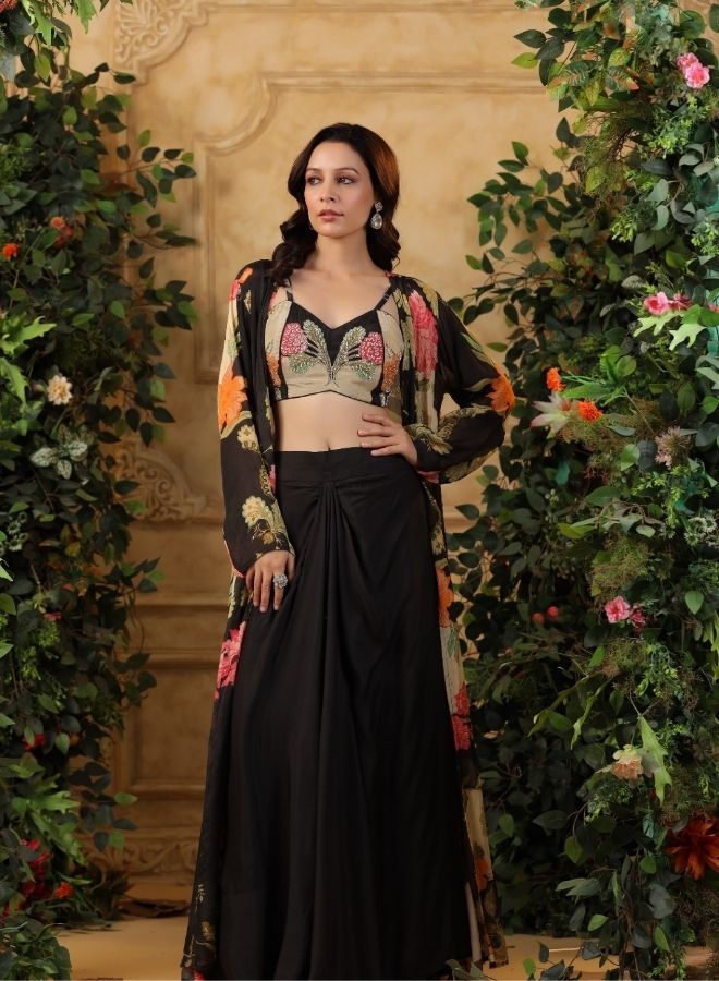 Black Floral Printed Cape Set