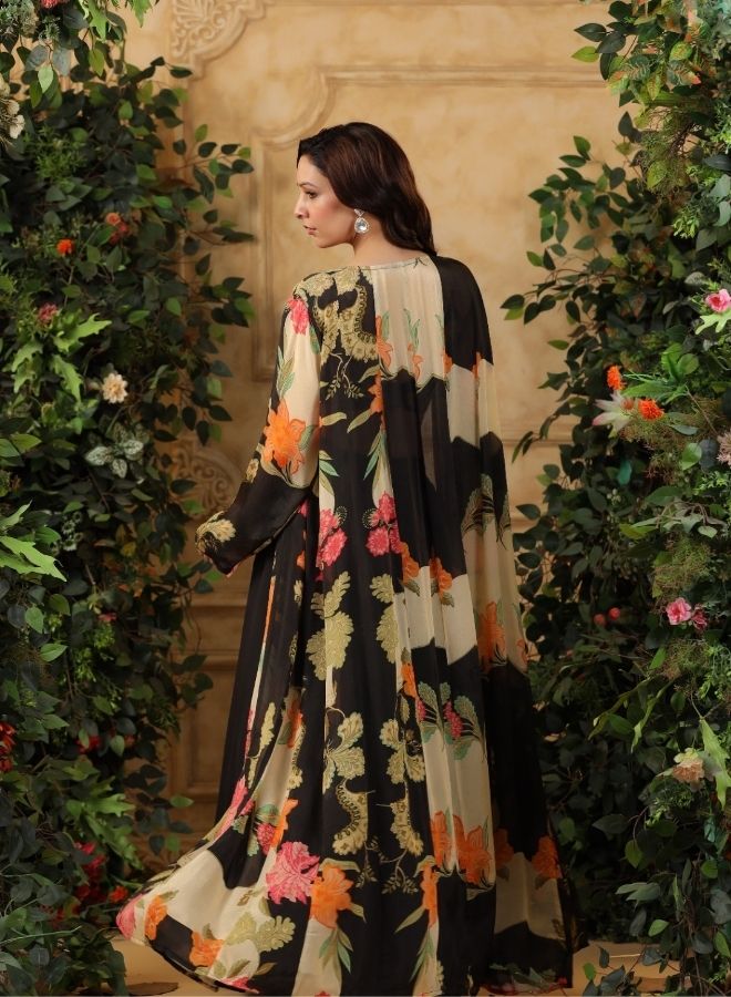 Black Floral Printed Cape Set