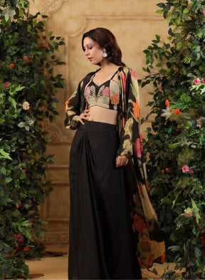 Black Floral Printed Cape Set