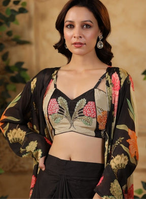 Black Floral Printed Cape Set