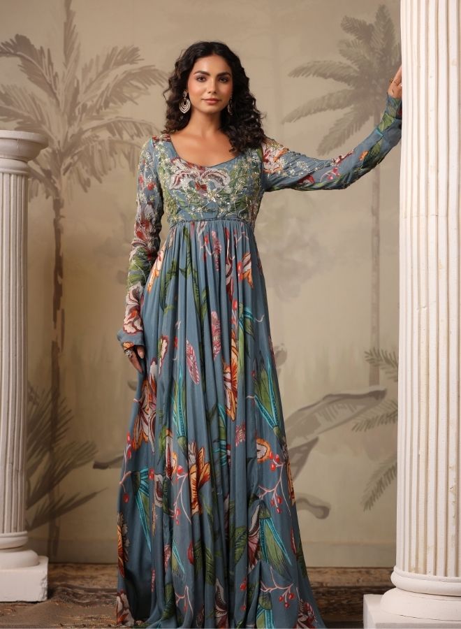 Flowing Teal Floral Anarkali Gown
