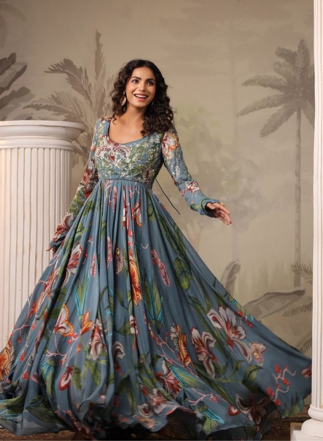 Flowing Teal Floral Anarkali Gown
