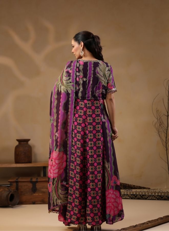 Purple Floral Embroidered Kaftan Jumpsuit