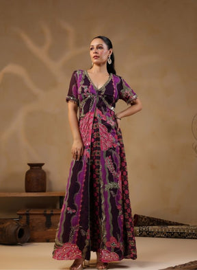 Purple Floral Embroidered Kaftan Jumpsuit