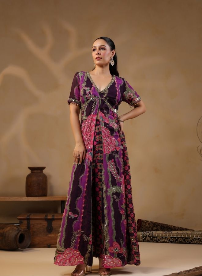 Purple Floral Embroidered Kaftan Jumpsuit