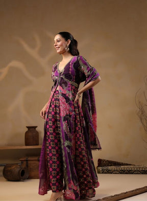 Purple Floral Embroidered Kaftan Jumpsuit