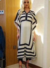 Black and White Geometric Stripe Kaftan Set
