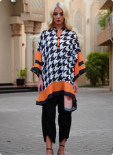 Houndstooth Print Kaftan Set with Orange Border