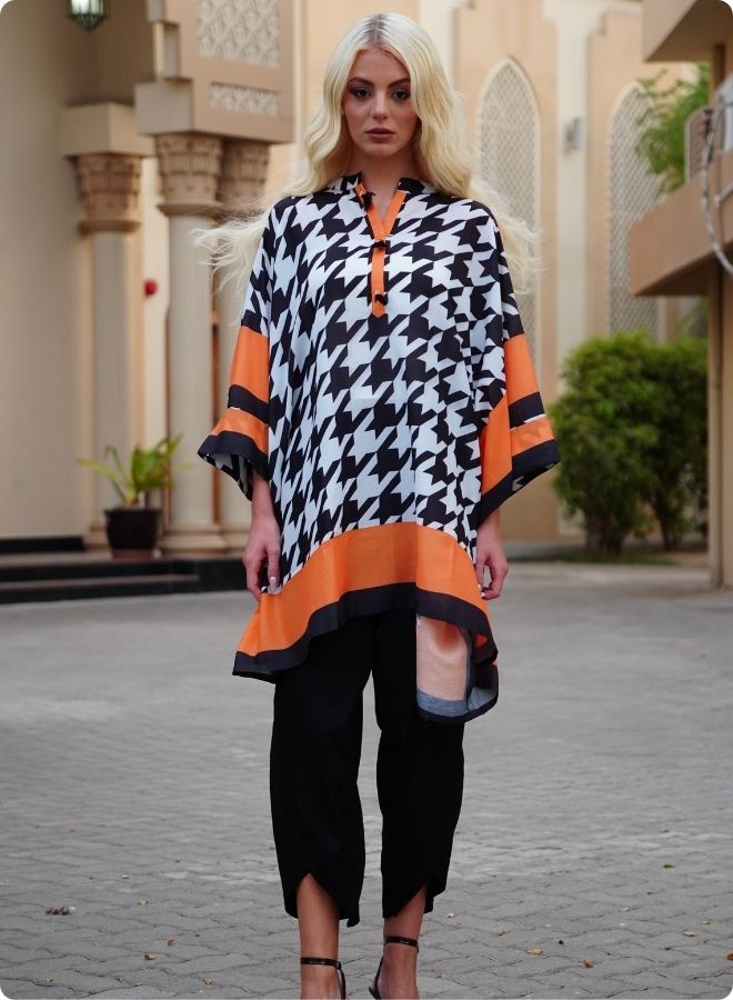 Houndstooth Print Kaftan Set with Orange Border