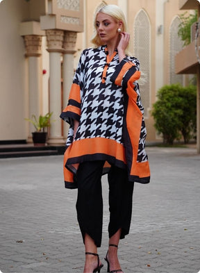 Houndstooth Print Kaftan Set with Orange Border