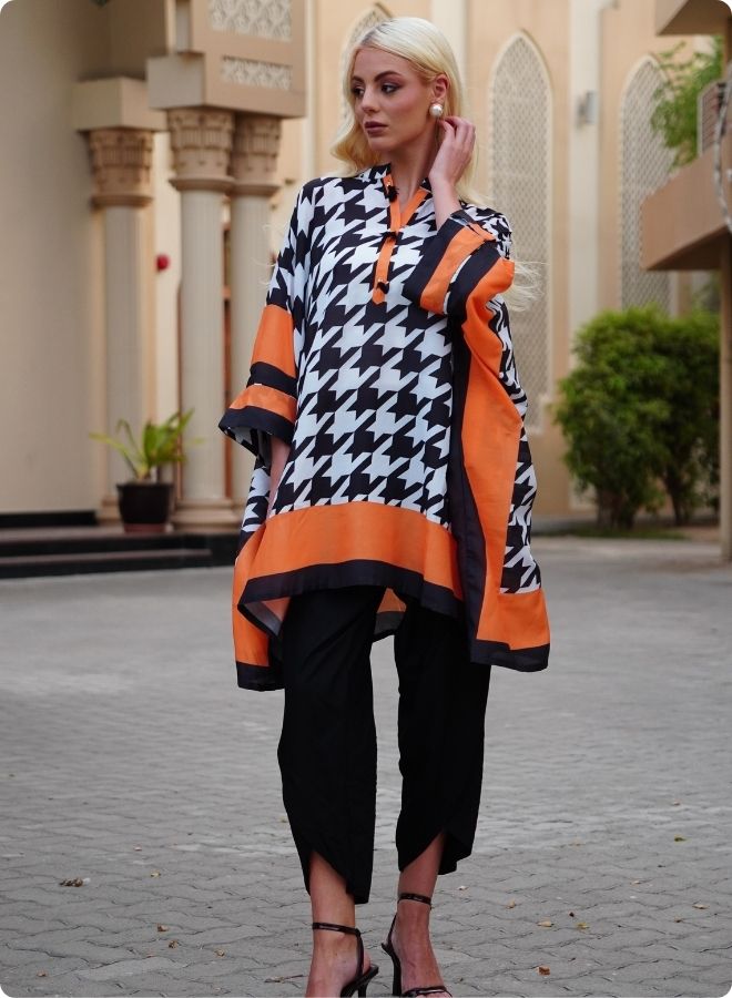 Houndstooth Print Kaftan Set with Orange Border