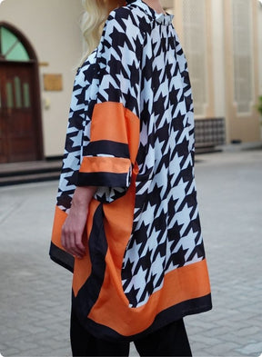 Houndstooth Print Kaftan Set with Orange Border