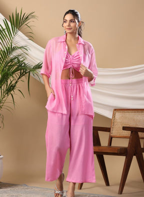 Stylish Pink Three-Piece Co-Ord Set with Ruched Crop Top