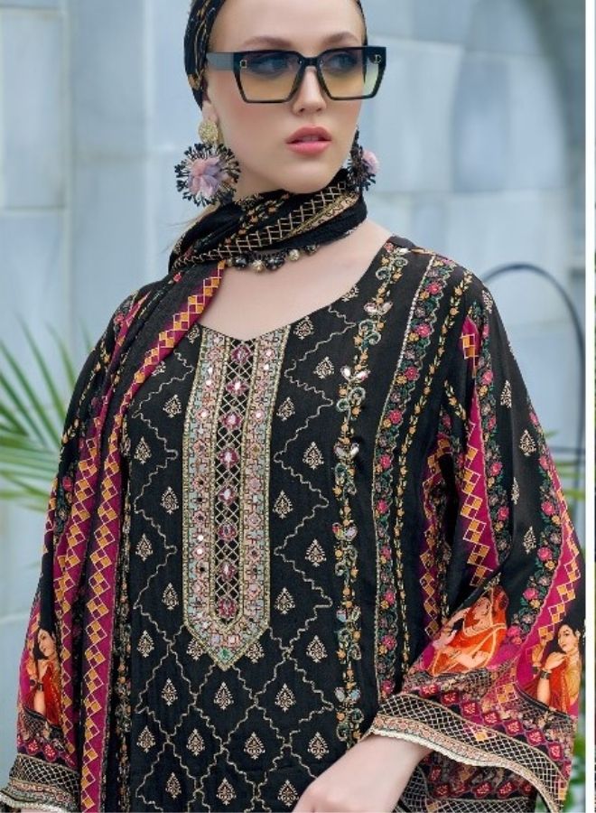 Traditional Black Embroidered Suit with Cultural Artwork