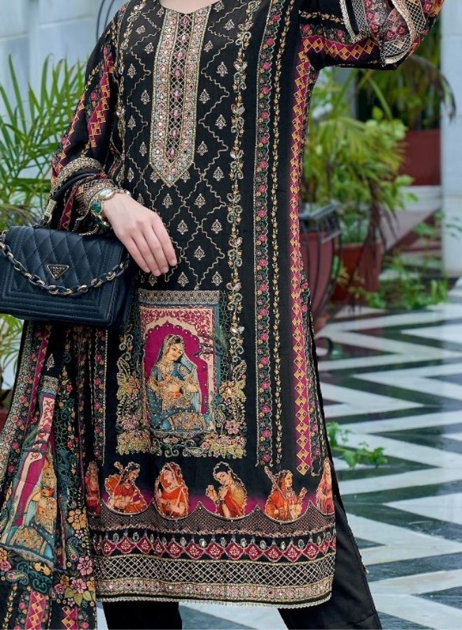 Traditional Black Embroidered Suit with Cultural Artwork