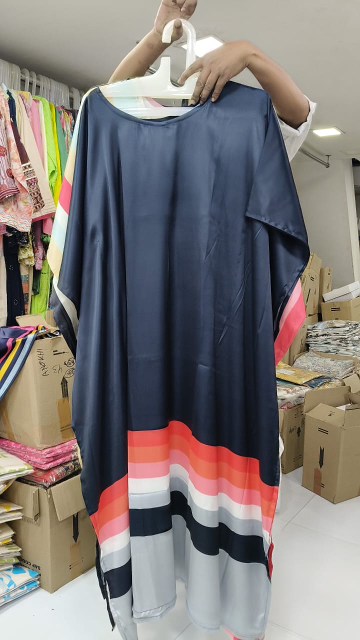 Navy Satin Kaftan Set with Multicolor Stripes