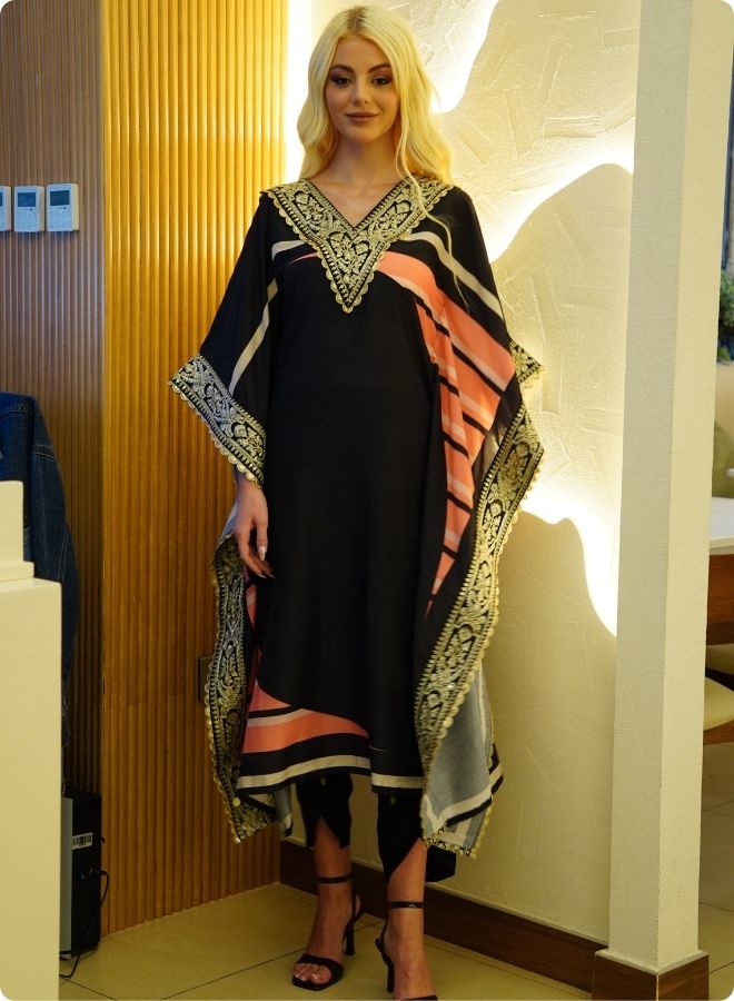 Black Kaftan Set with Pink and Beige Accents