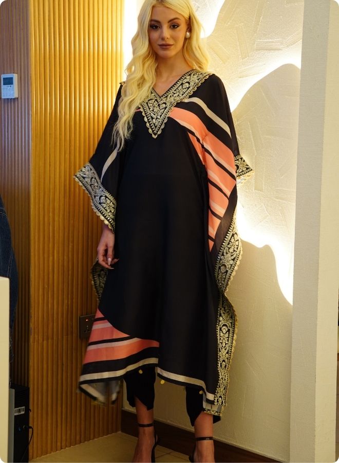 Black Kaftan Set with Pink and Beige Accents