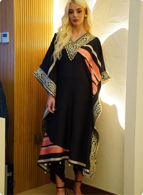 Black Kaftan Set with Pink and Beige Accents