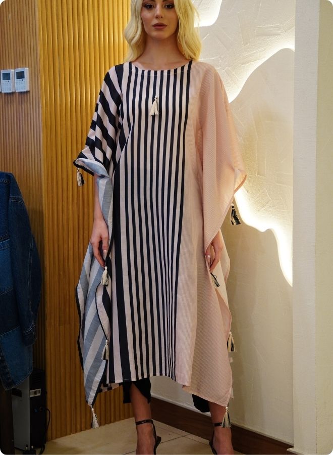 Beige and Black Striped Kaftan Set