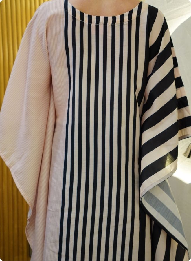 Beige and Black Striped Kaftan Set