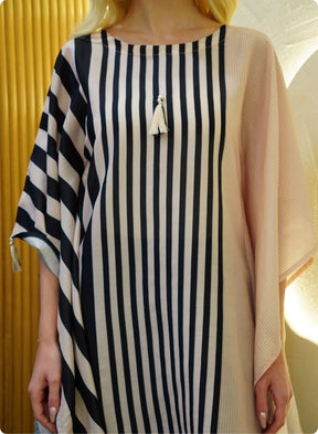 Beige and Black Striped Kaftan Set