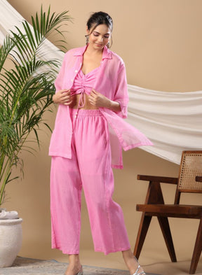 Stylish Pink Three-Piece Co-Ord Set with Ruched Crop Top