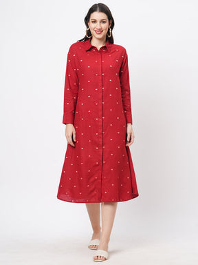 Summery Red Calf Length Dress With Collar And Concealed Placket And Embroidery On The Front.