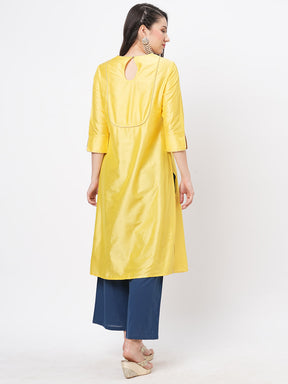 Canary Yellow Silk Blend Ethnic Kurta With Contrast Green Floral Embroidery Yoke.