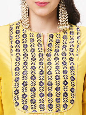 Canary Yellow Silk Blend Ethnic Kurta With Contrast Green Floral Embroidery Yoke.