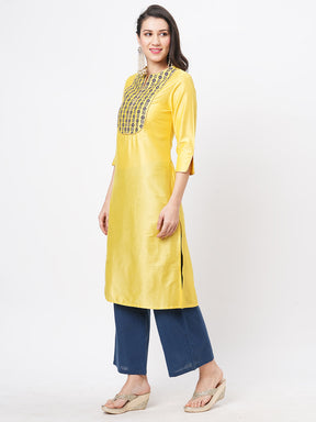 Canary Yellow Silk Blend Ethnic Kurta With Contrast Green Floral Embroidery Yoke.