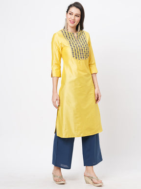 Canary Yellow Silk Blend Ethnic Kurta With Contrast Green Floral Embroidery Yoke.