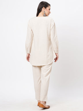 Embroidered Short Tunic With Solid Slim Fit Pants In Natural Cottonflex