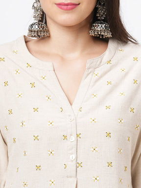 Embroidered Short Tunic With Solid Slim Fit Pants In Natural Cottonflex