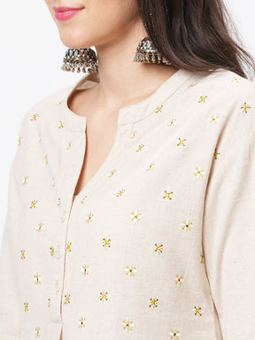 Embroidered Short Tunic With Solid Slim Fit Pants In Natural Cottonflex