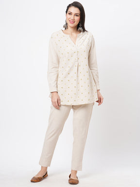 Embroidered Short Tunic With Solid Slim Fit Pants In Natural Cottonflex