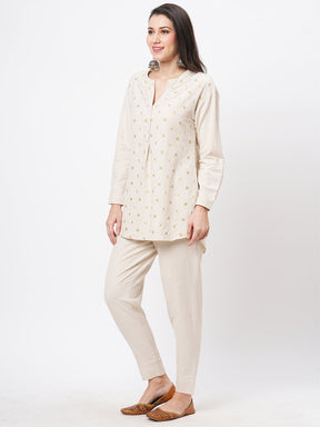 Embroidered Short Tunic With Solid Slim Fit Pants In Natural Cottonflex